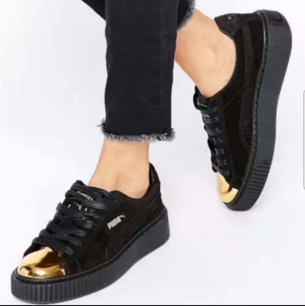 Puma Gold Toe Black Suede Platform Sneakers